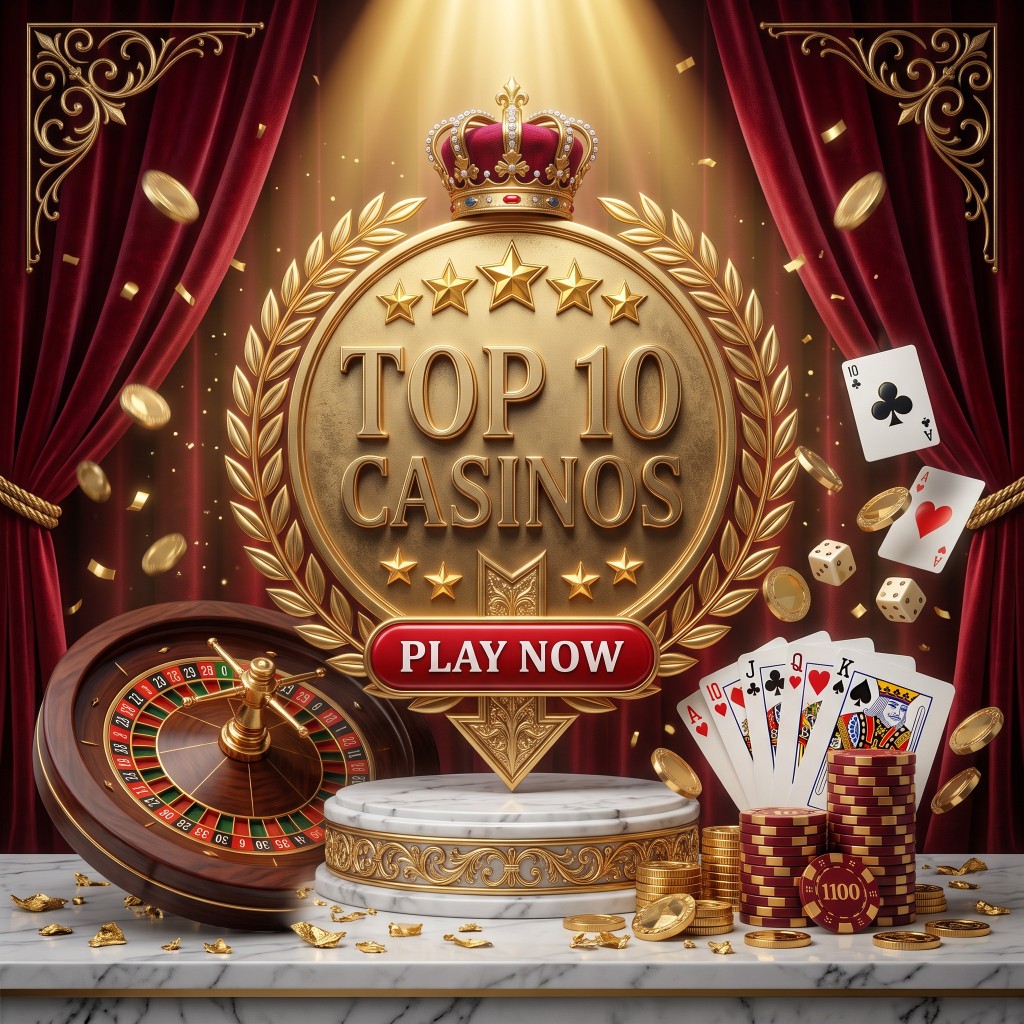 Luxury gold and red promotional banner for Top 10 Casinos featuring a roulette wheel, playing cards, and a Play Now button.